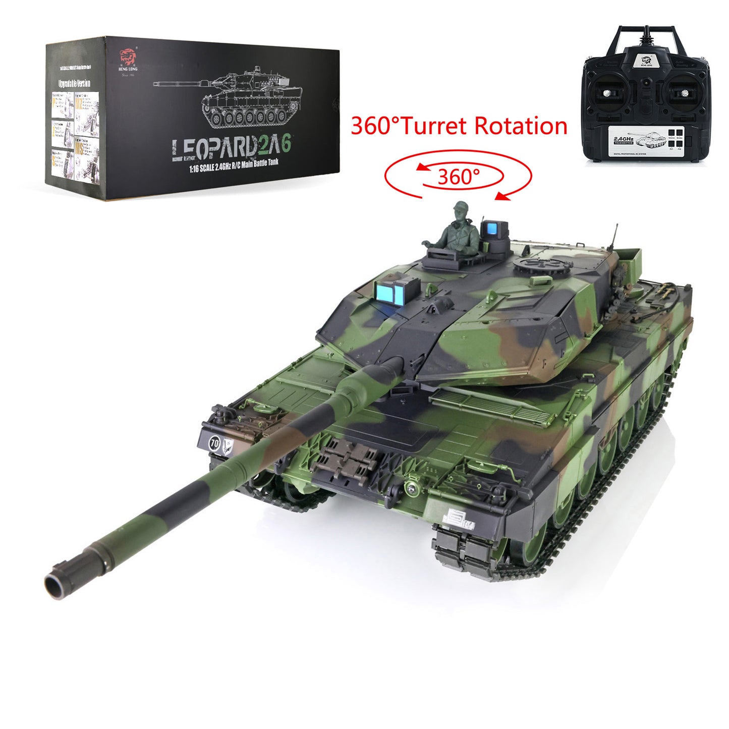 Henglong 1/16 7.0 3889 Leopard2A6 RTR RC Tank Armored Vehicle Model 360 Degree Turret BB Infrared Combat Smoke Metal Barrel