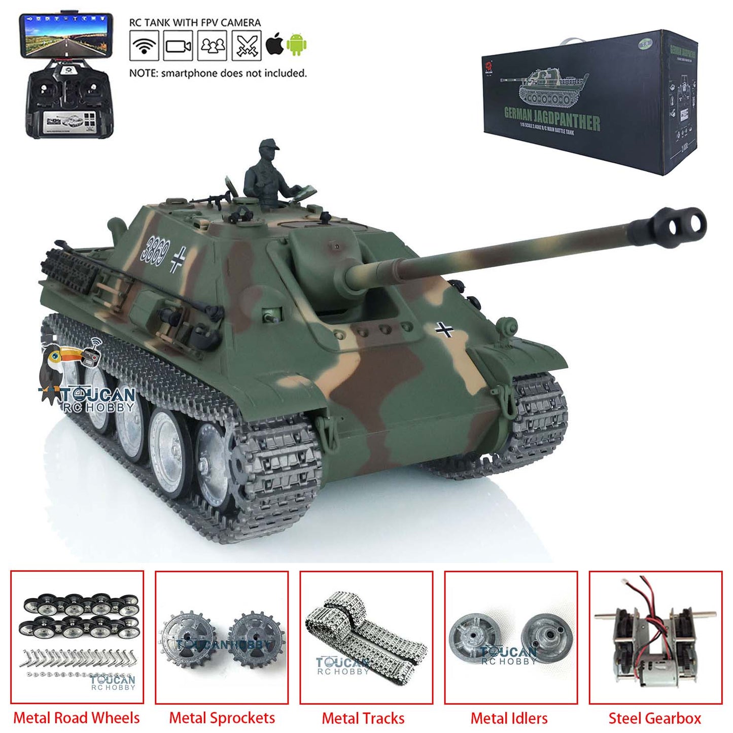 Henglong 1/16 7.0 Customized Jadpanther RTR RC Tank 3869 FPV Metal Tracks Wheels Return Rollers Infrared Combating System