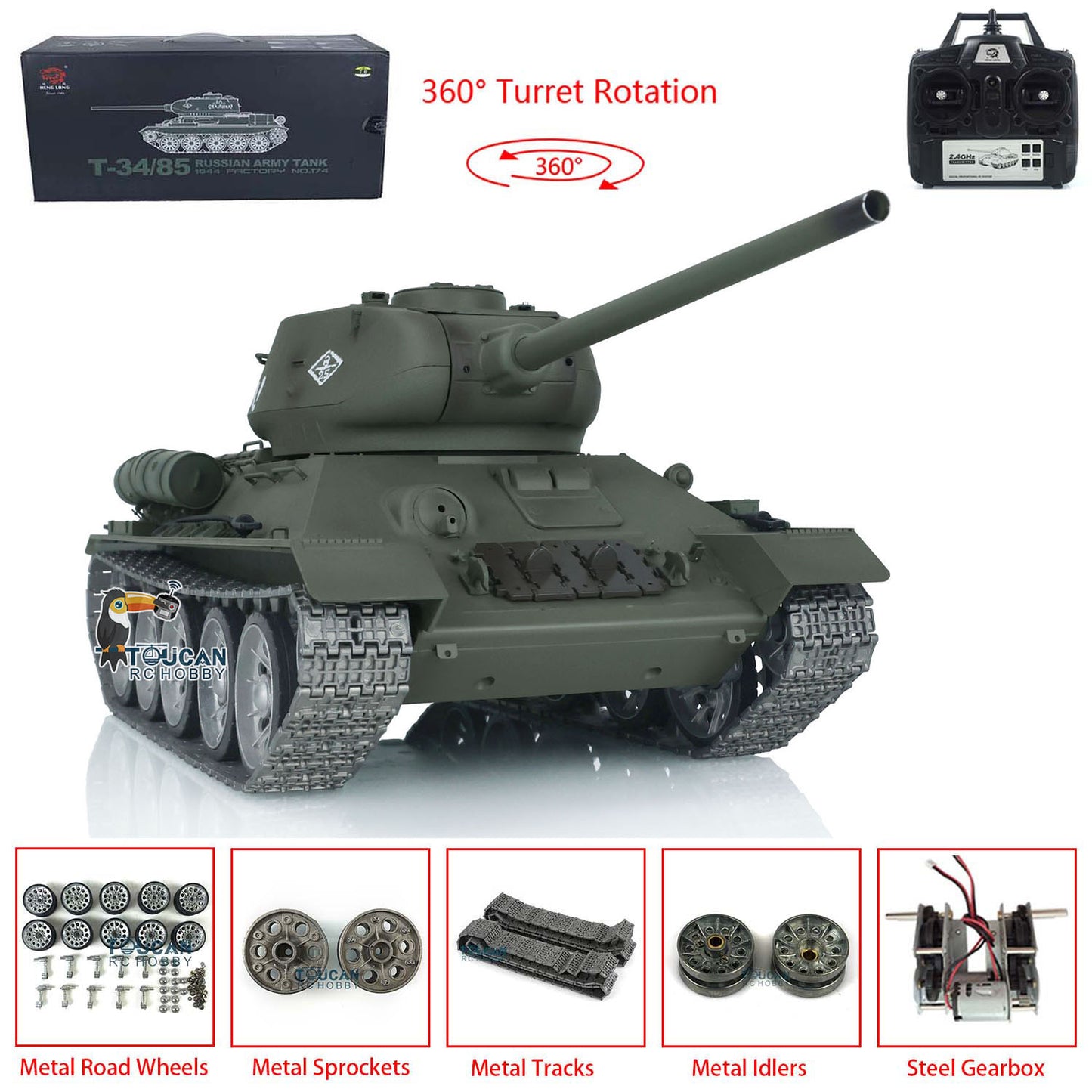 Henglong 1/16 7.0 T34-85 RC Tank 3909 360?? Turret IR BB Metal Track Wheels Radio Control Military Model Barrel Recoil Smoke Gearbox