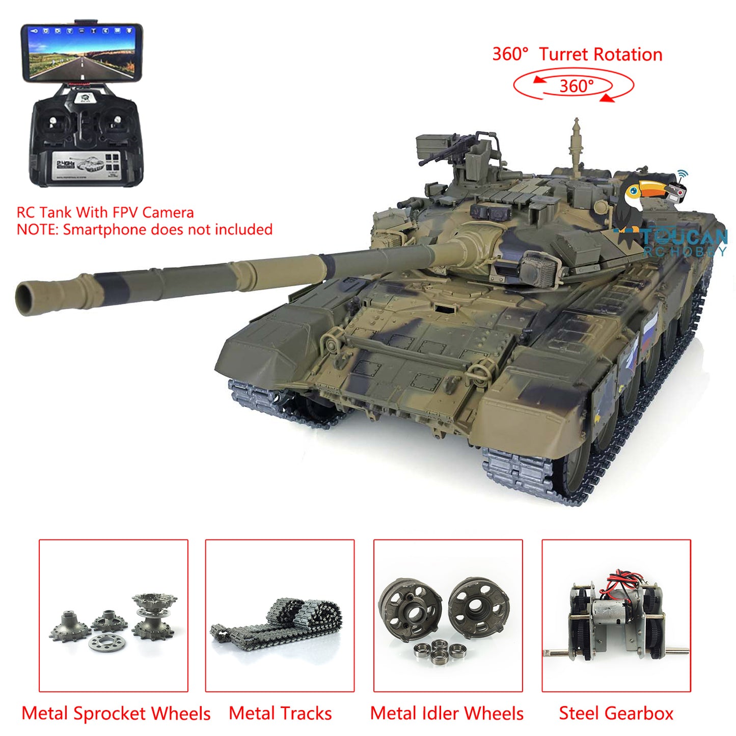Henglong 1/16 TK7.0 Plastic Russian T90 RTR RC Tank 3938 with Steel Gearbox Metal Barrel Recoil 360 Degrees Turret BB Unit Infrared Combat