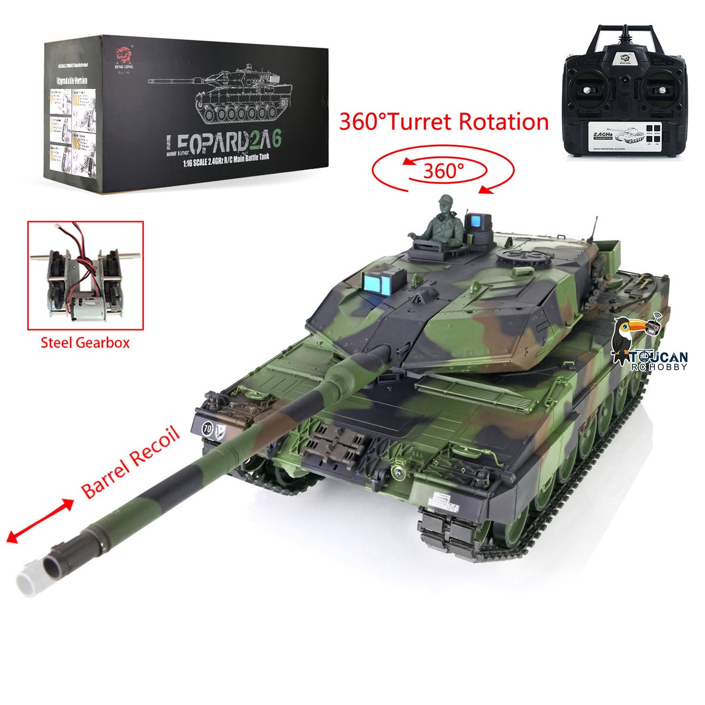 Henglong 1/16 7.0 Plastic RC Tank 3889 Leopard2A6 BB IR Lights Steel Gearbox Barrel Recoil 360 Degree Turret Smoke Radio Battery Option FPV