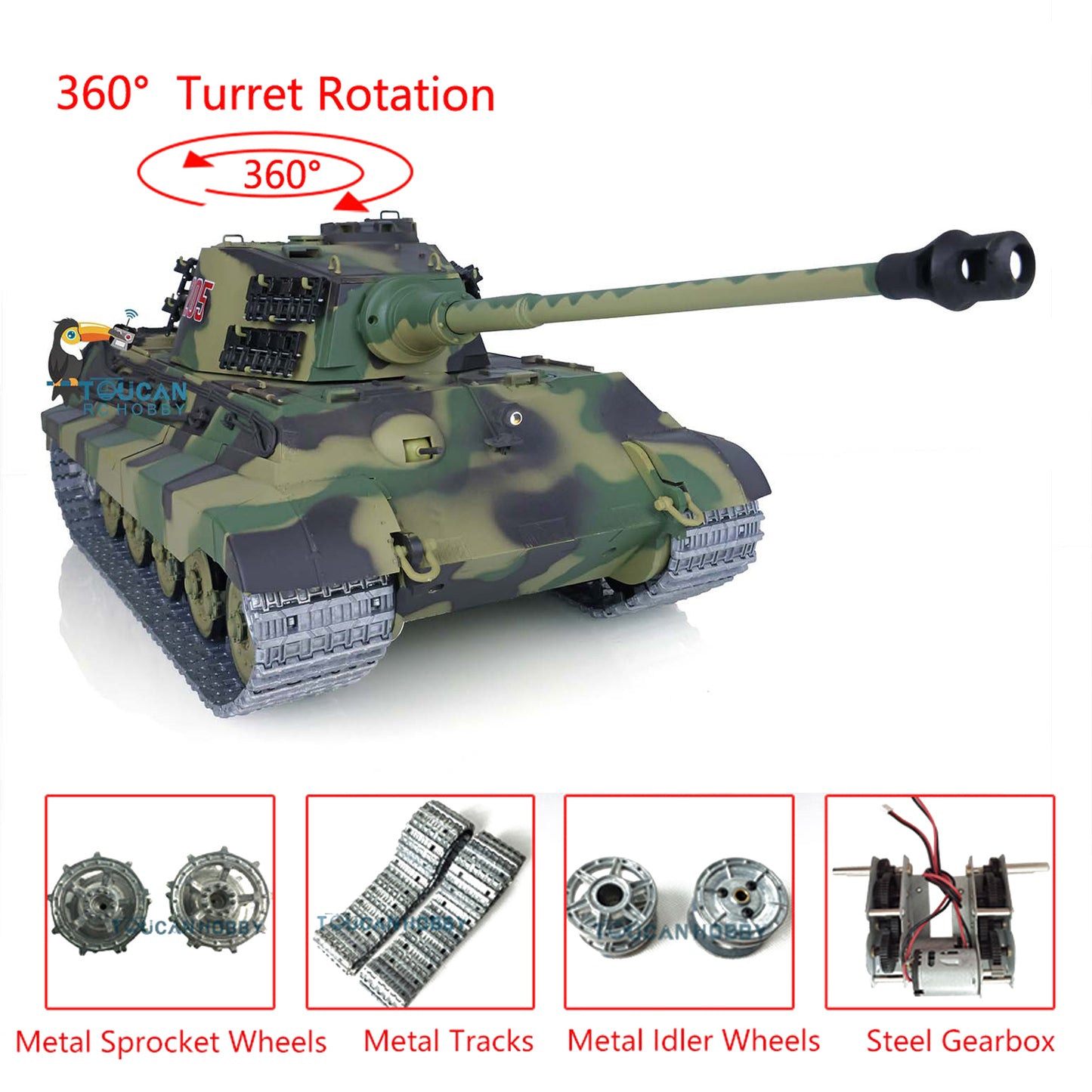 Henglong 1/16 TK7.0 Promotion German King Tiger Henschel RTR RC Tank 3888A 360 Degrees Turret Smoke BB IR Metal Barrel Tracks Sprockets Idlers Wheels Gearbox