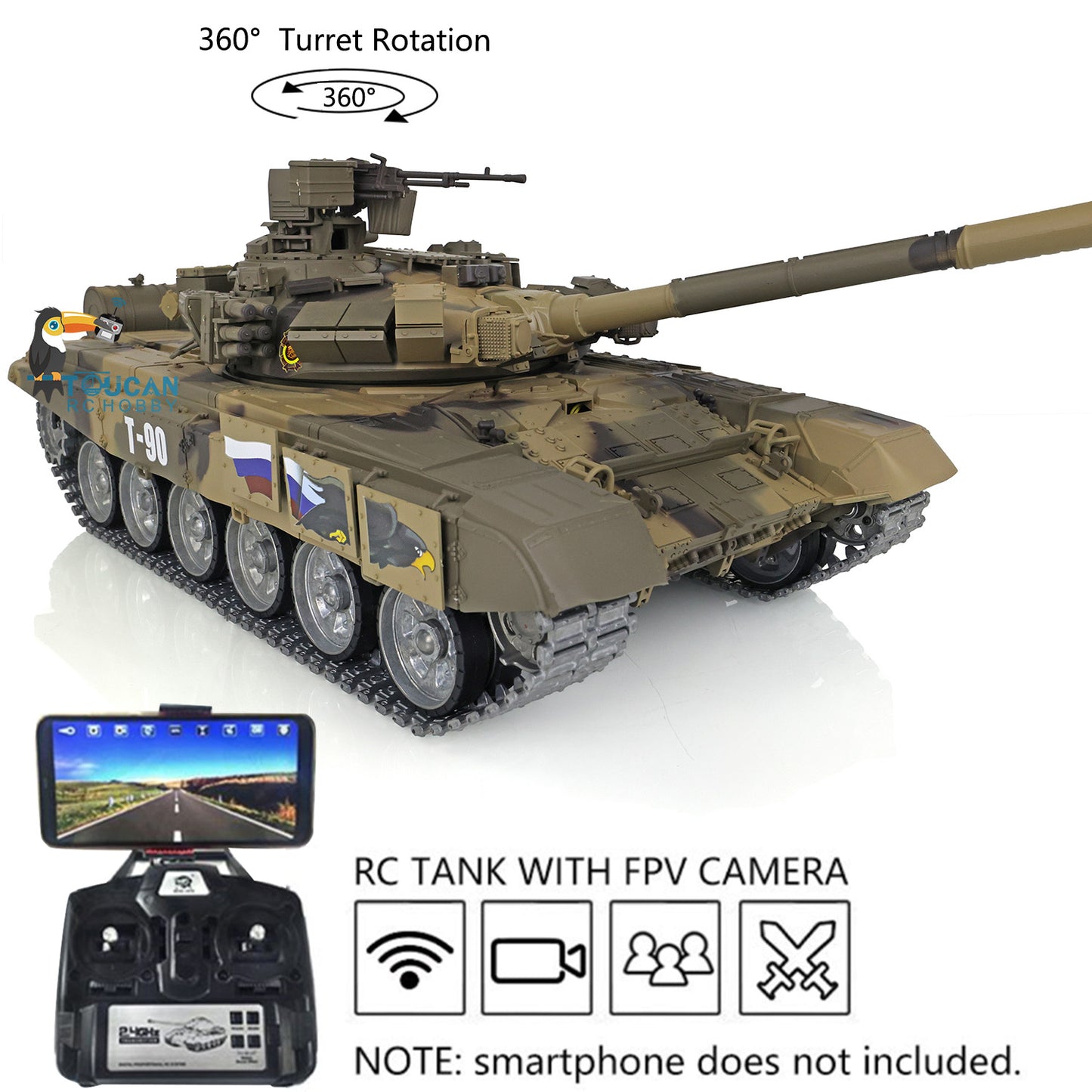 Henglong 1/16 TK7.0 Profession 3938 Russian T90 RTR RC Tank FPV 360 Degrees Turret IR BB Smoke Metal Sprockets Idlers Road Wheels