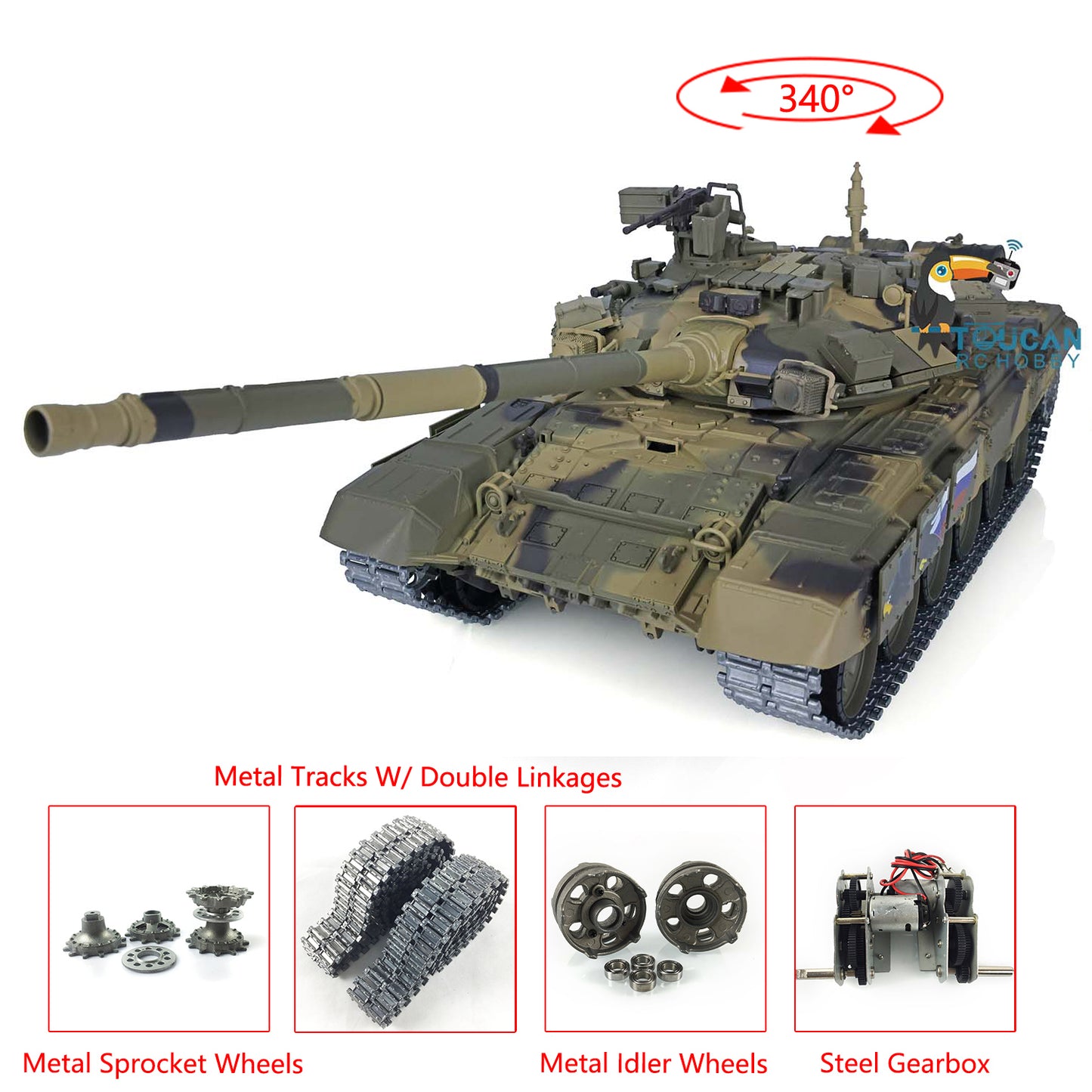 2.4G Henglong 1/16 Scale 7.0 Upgraded Russia T90 RTR RC Tank 3938 Metal Sprocket Wheels Tracks Infrared Combating System