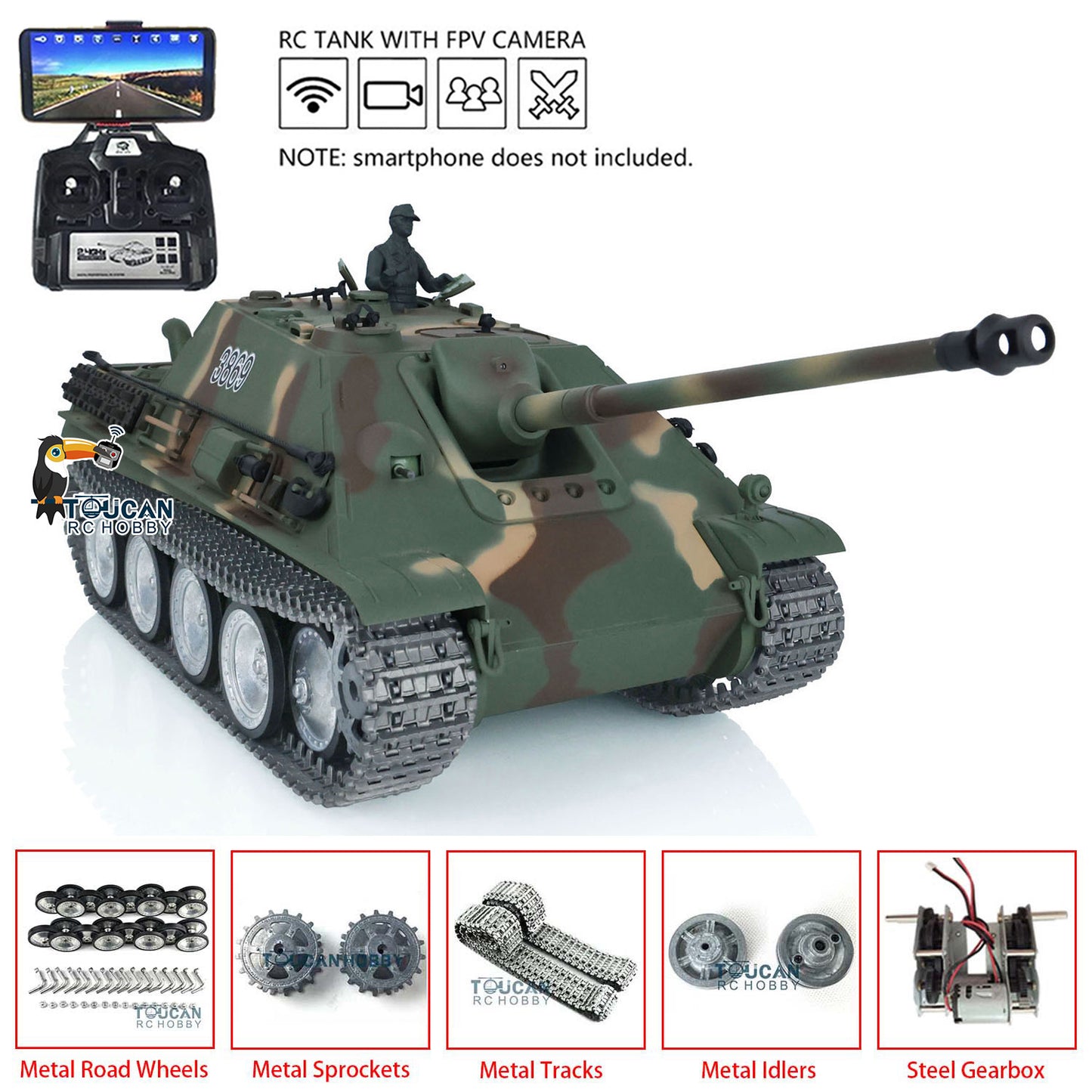 Henglong 1/16 7.0 Customized Jadpanther RTR RC Tank 3869 FPV Metal Tracks Wheels Return Rollers Infrared Combating System