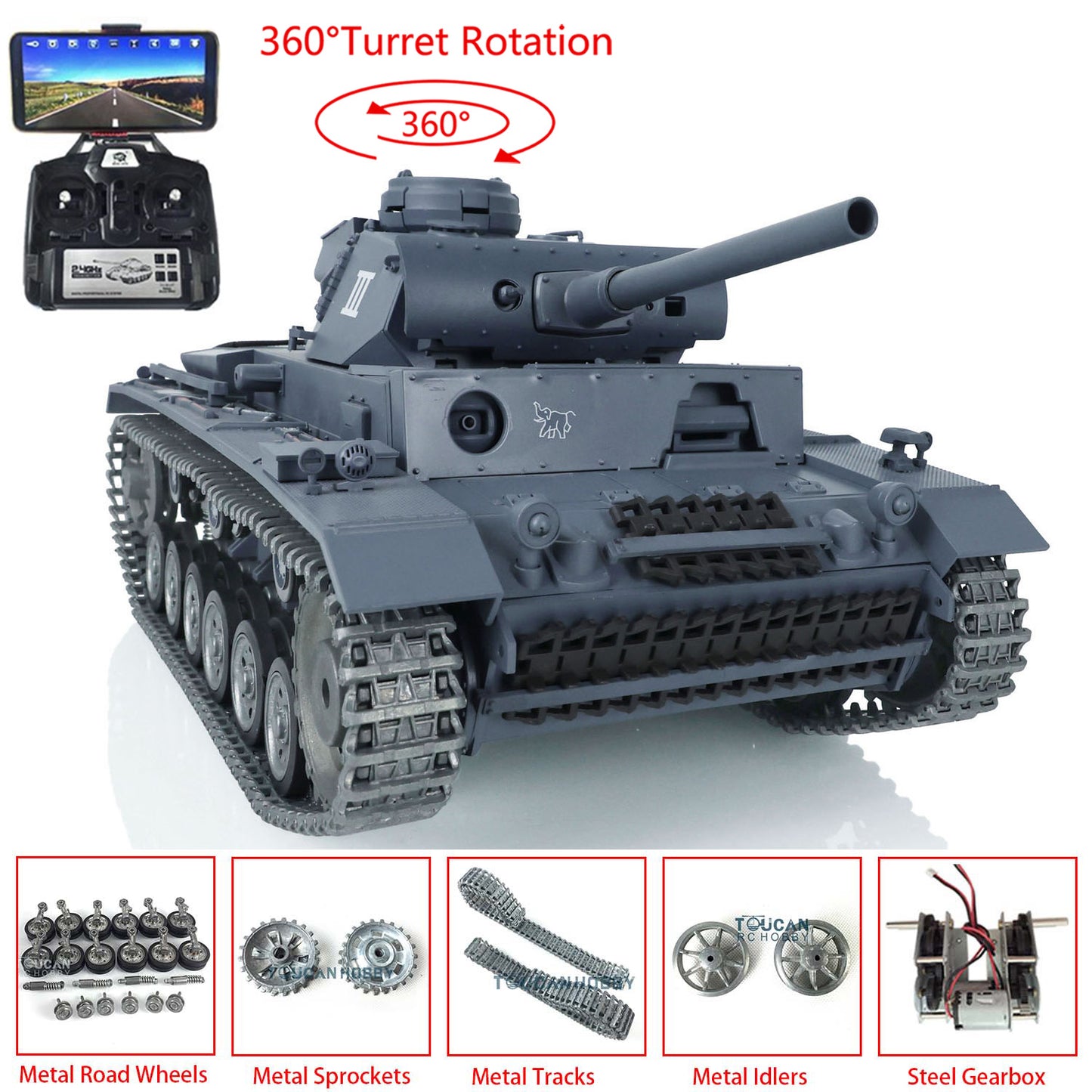 Henglong 1/16 7.0 Customized Panzer III H 3849 Panther 3819 RTR RC Tank FPV 360 Degree Turret BB IR Metal Barrel Tracks Drive Idler Road Wheels