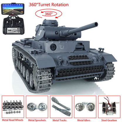 Henglong 1/16 7.0 Customized Panzer III H 3849 Panther 3819 RTR RC Tank FPV 360 Degree Turret BB IR Metal Barrel Tracks Drive Idler Road Wheels