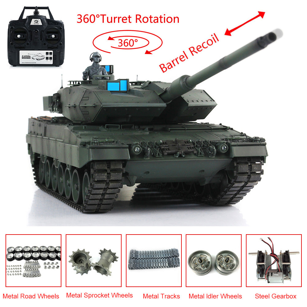 Henglong 1/16 7.0 Leopard2A6 RTR RC Tank Remote Control Military Model 3889 IR BB Smoke Barrel Recoil 360 Degree Turret Metal Tracks Wheels Gearbox