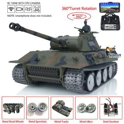 Henglong 1/16 TK7.0 German Panther RTR RC Tank 3819 FPV 360 Degrees Turret BB IR Smoke Metal Barrel Tracks Sprockets Idlers Road Wheels