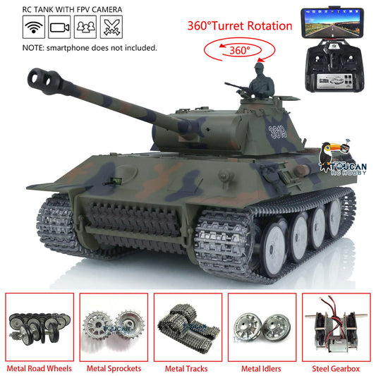 Henglong 1/16 TK7.0 German Panther RTR RC Tank 3819 FPV 360 Degrees Turret BB IR Smoke Metal Barrel Tracks Sprockets Idlers Road Wheels