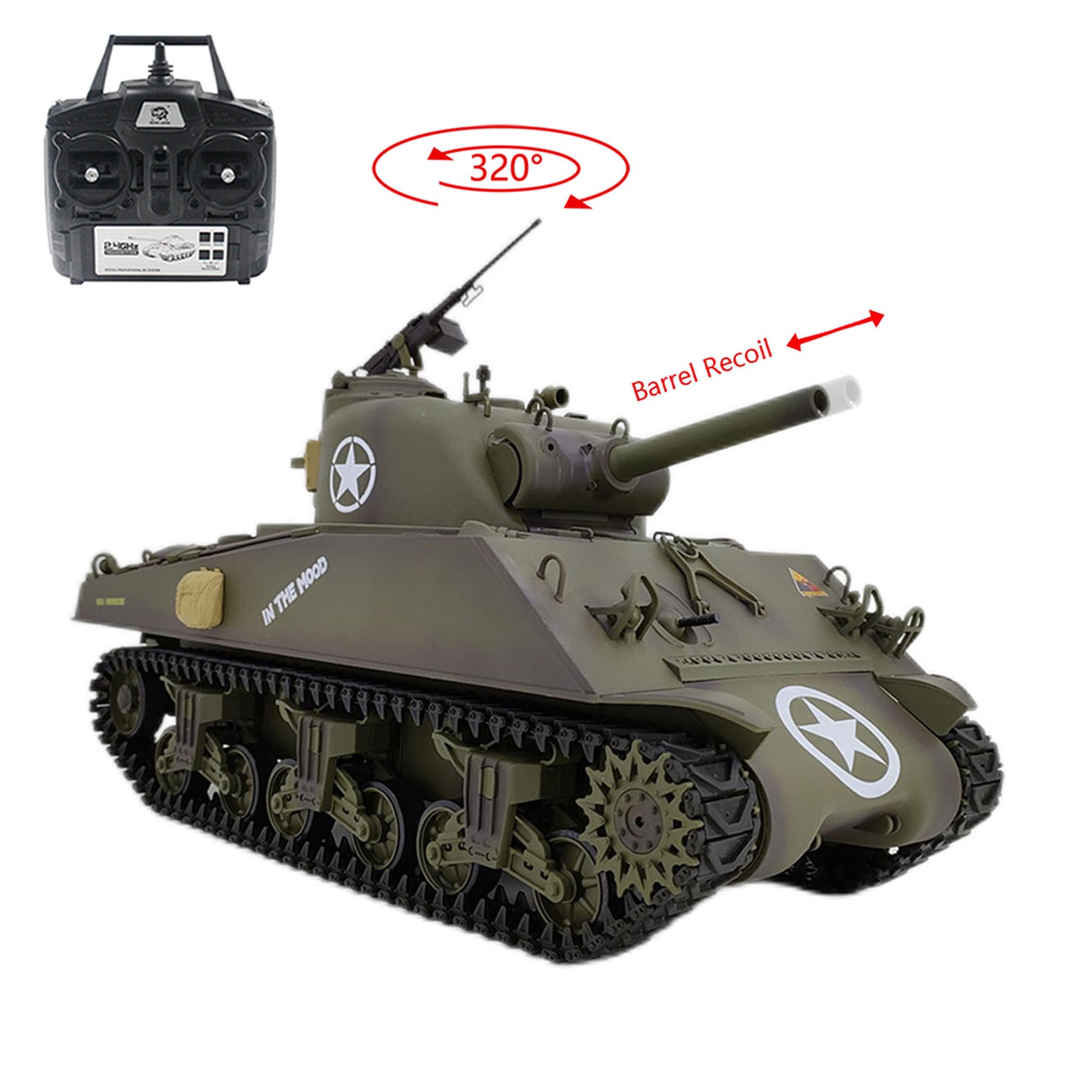 Plastic Henglong 1/16 7.0 RC Tank M4A3 Sherman 3898 320 Degree Turret Rotation Barrel Recoil BB IR Smoking Steel Gearbox Battery 2.4G Radio