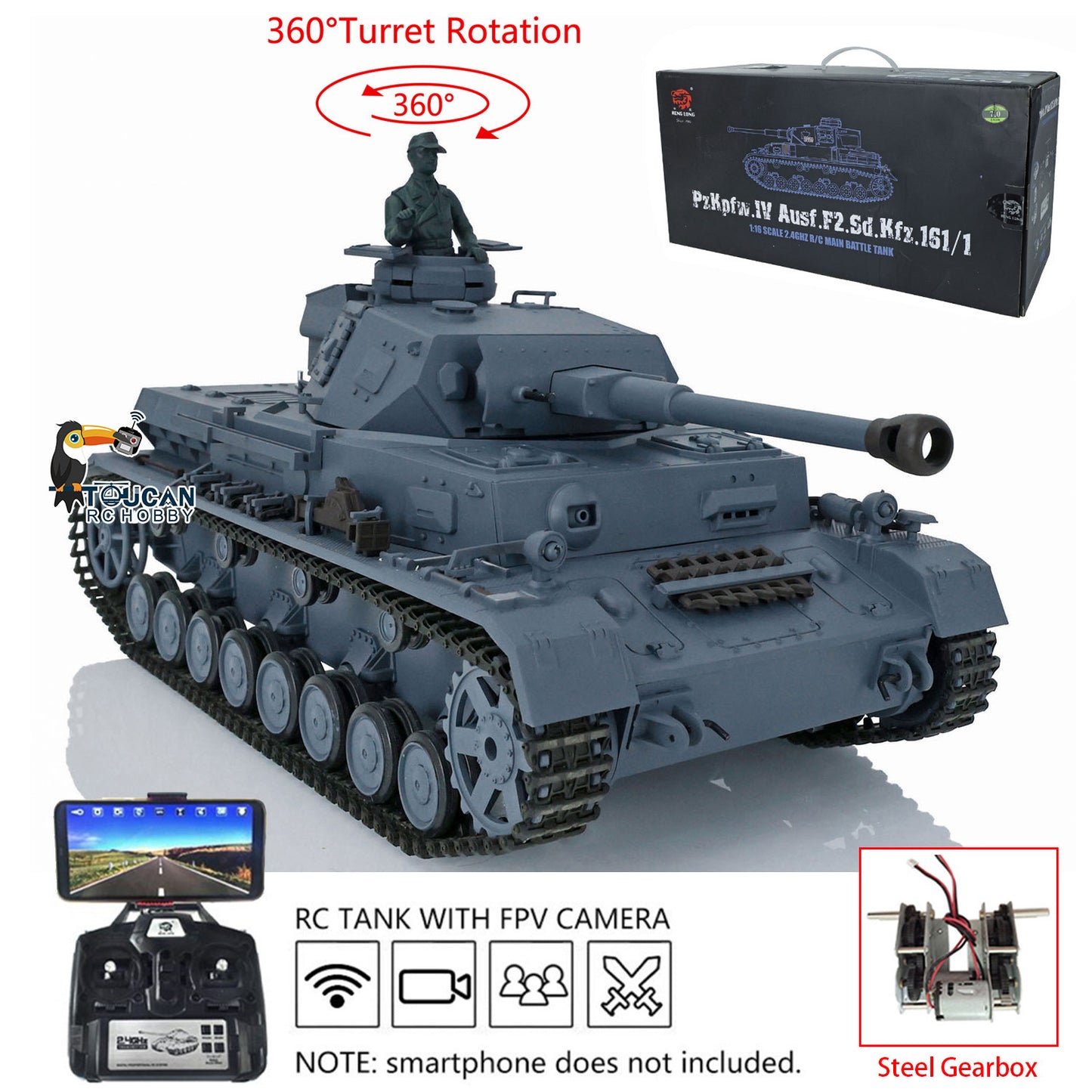 Henglong 1/16 7.0 Plastic FPV Panzer IV F2/Panzer IV F RC Tank 3859 Metal Steel Driving Gearbox 360 Degree Turret Rotation Infrared Combating System