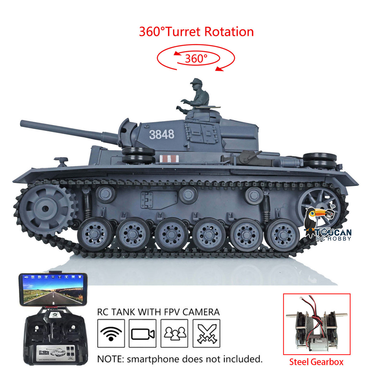 Henglong 1/16 Plastic 7.0 3848 3849 Panzer III H L RC Tank with Steel Driving Gearbox Metal Barrel