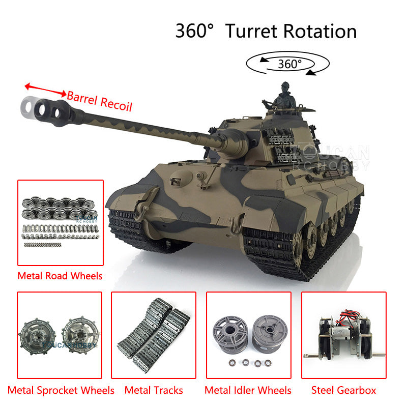 Henglong 1/16 7.0 3888A Customized King Tiger Barrel Recoil RC Tank Metal Tracks Road Wheels Barrel 360 Degree Turret Rotation