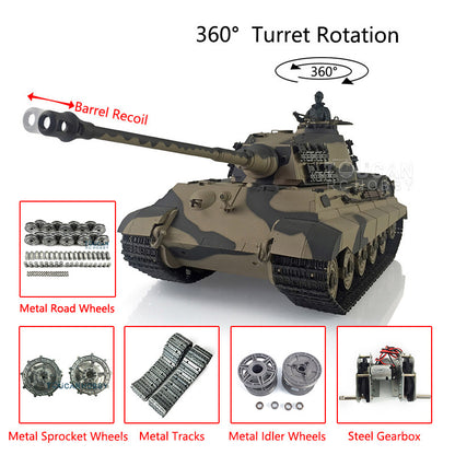 Henglong 1/16 7.0 3888A Customized King Tiger Barrel Recoil RC Tank Metal Tracks Road Wheels Barrel 360 Degree Turret Rotation