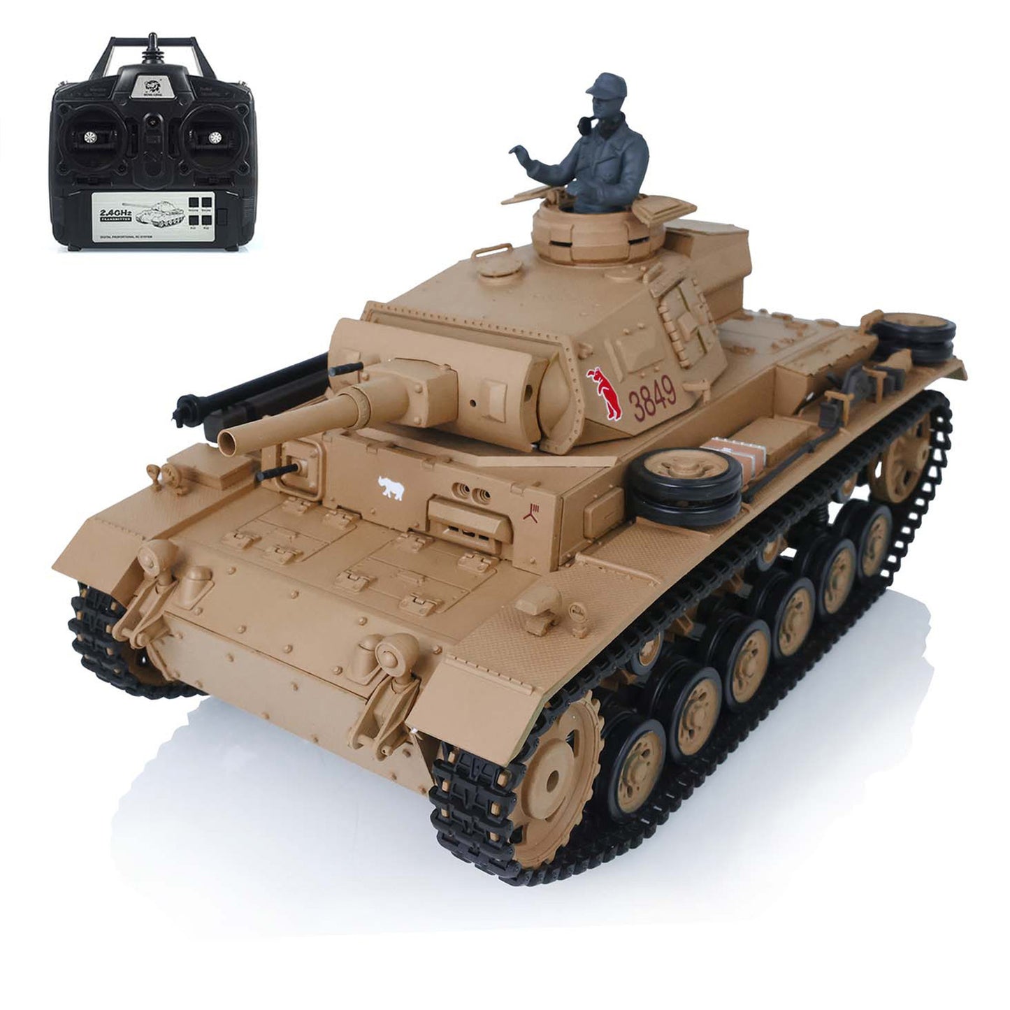 US Warehouse 2.4G Henglong 1/16 7.0 Plastic 3849 German Panzer III H RTR RC Tank Model BB IR Smoke Sounds Lights Metal Barrel
