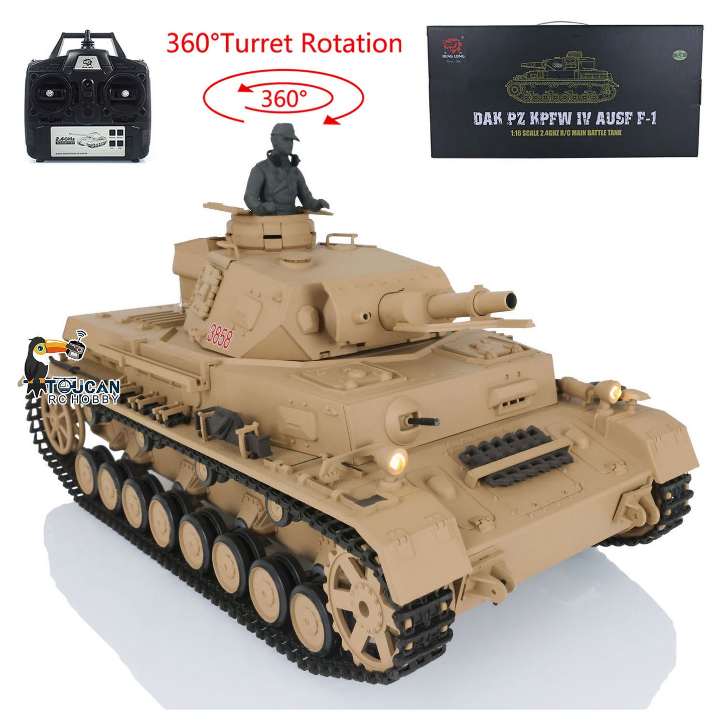2.4G Henglong 1/16 7.0 Plastic Panzer IV F2 F 3858 3859 RTR RC Tank Model Infrared System 360 Degree Turret BB Unit Smoke Lights 2Sounds