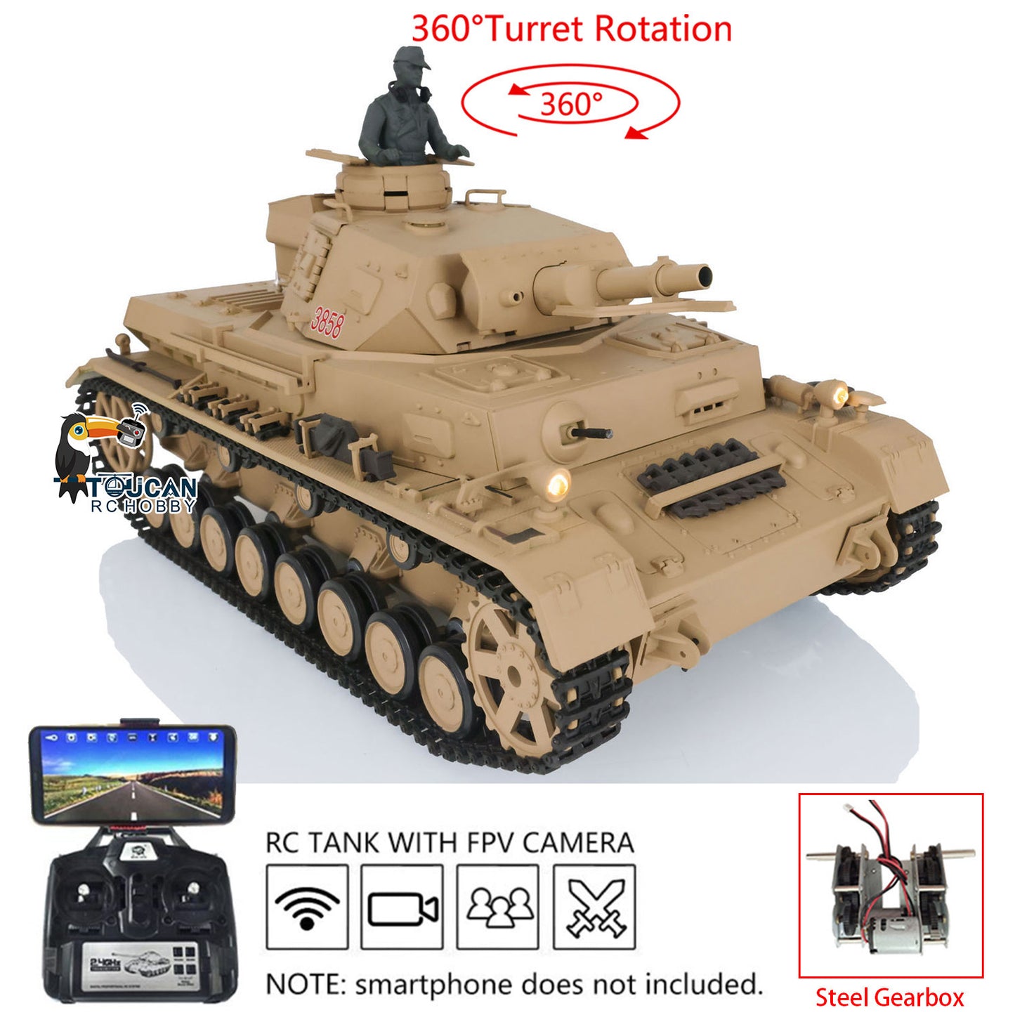 2.4G Henglong 1/16 TK7.0 RC Tank Panzer IV F Remote Control Tank 3858 w/ 360 Degrees Rotating Turret FPV Camera BB Shooting