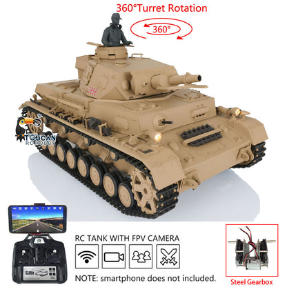 2.4G Henglong 1/16 TK7.0 RC Tank Panzer IV F Remote Control Tank 3858 w/ 360 Degrees Rotating Turret FPV Camera BB Shooting