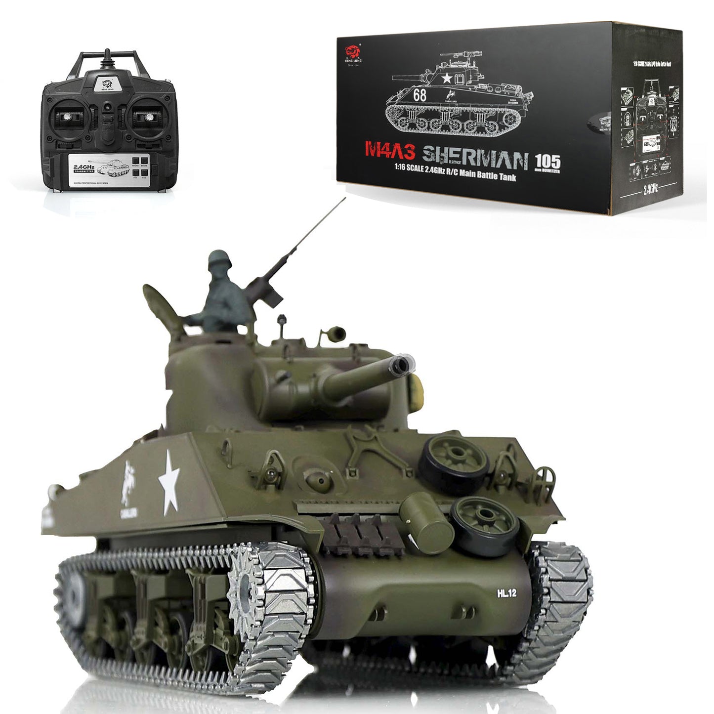 Henglong 1/16 7.0 M4A3 Sherman 3898 RTR RC Tank FPV Barrel Recoil 360 Degree Turret BB IR Smoke Metal Tracks Drive Idler Wheels