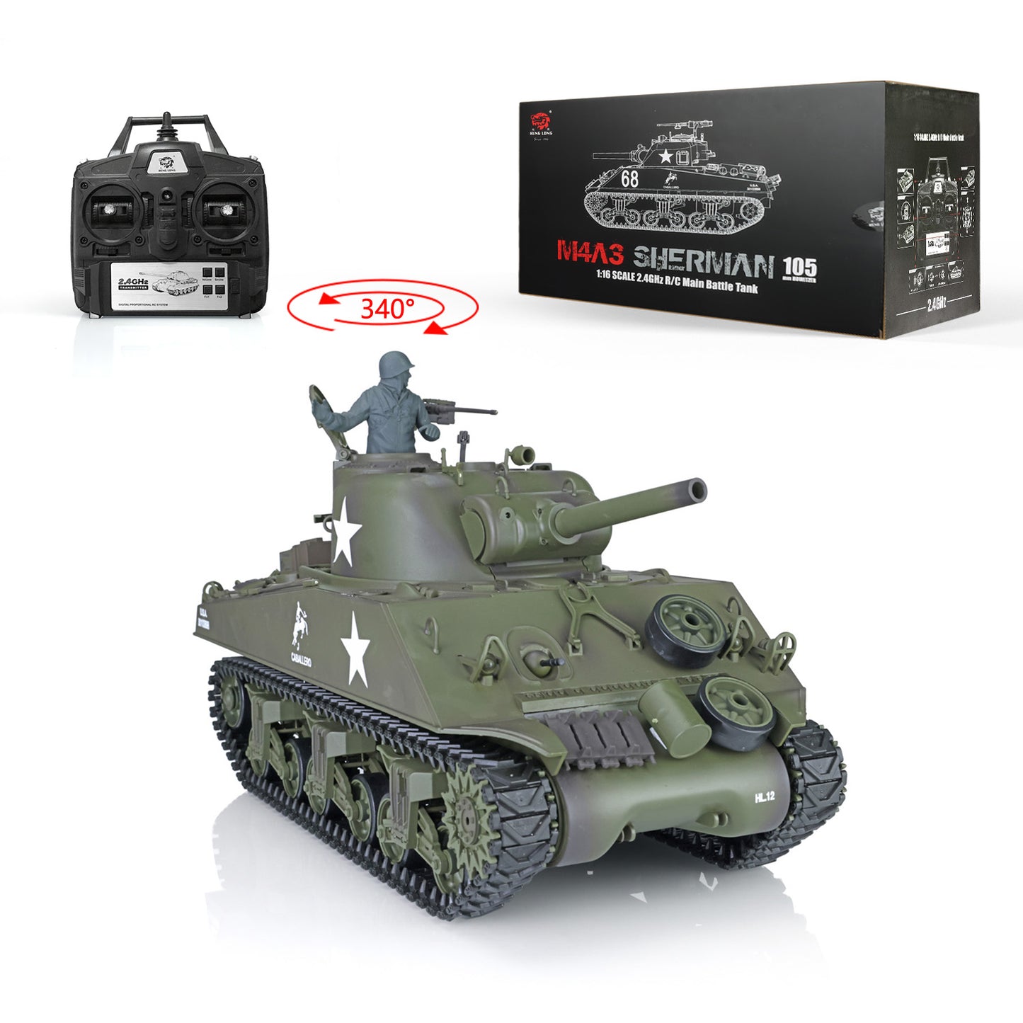 US Stock 2.4Ghz Henglong 1/16 Scale 7.0 Plastic Version M4A3 Sherman 3898 RTR RC Tank Model BB IR Smoke 340 Degree Turret Metal Barrel