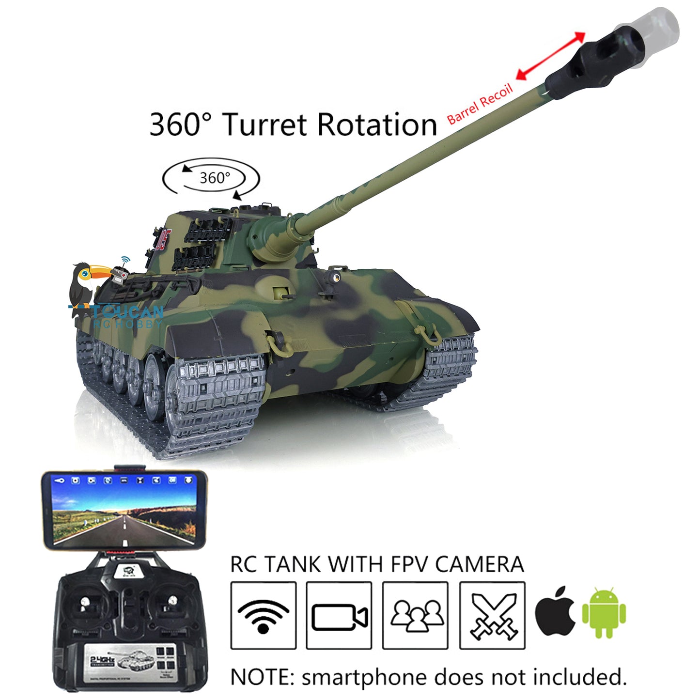 Henglong 1/16 RC Tank 3888A 7.0 Customized King Tiger Assembled FPV Infrared Combat Barrel Recoil Lifting Idle Smoke Metal Road Wheels BB Unit
