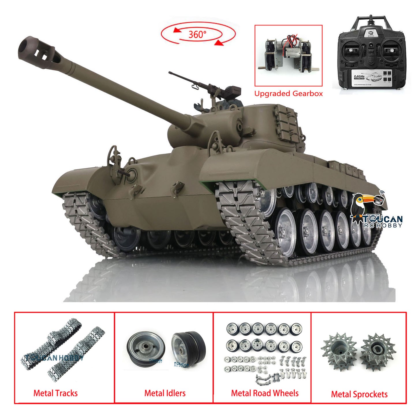 Henglong 1/16 TK7.0 Profession USA M26 RTR RC Tank 3838 with 360 Degrees Turret IR BB Unit Smoke Metal Sprockets Idlers Road Wheels Gearbox Tracks