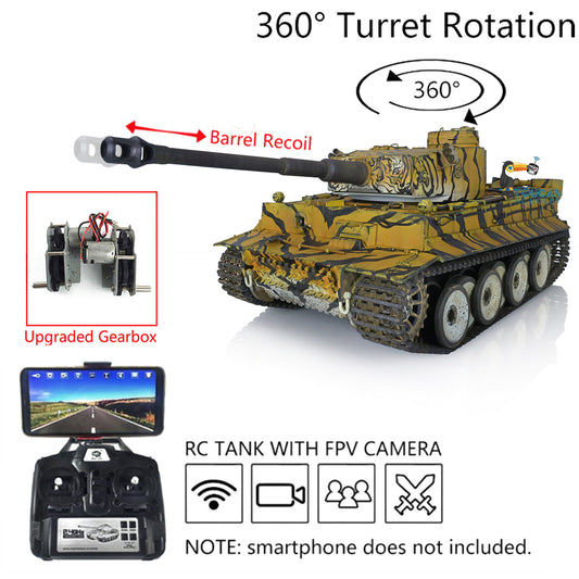 Henglong 1/16 TK7.0 Plastic German Tiger I RTR RC Tank 3818 with FPV BB IR 360 Degrees Turret Metal Barrel Recoil Steel Gearbox Smoke Manual Spray Collection Model