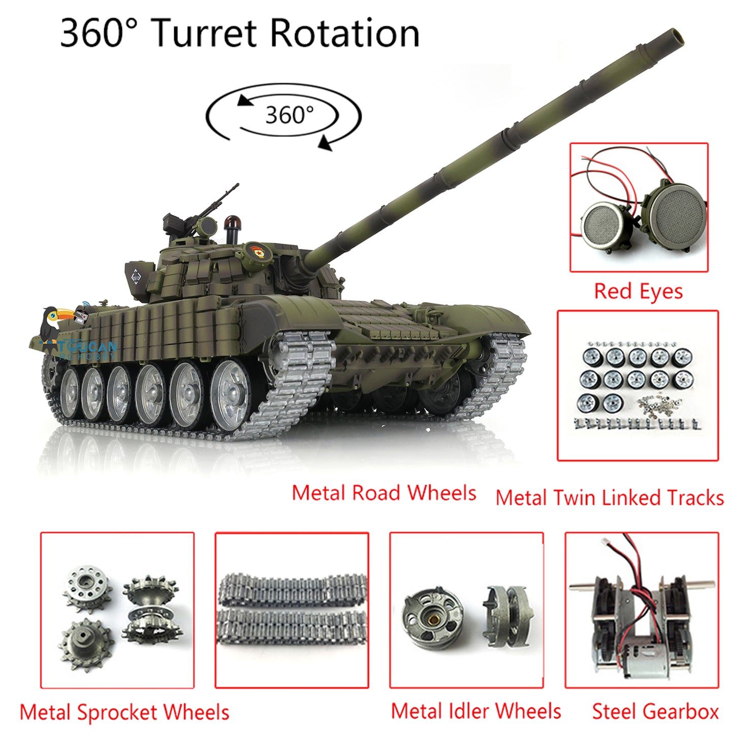 Henglong 1/16 TK7.0 Russia T72 RTR RC Tank 3939 with Red Eyes Armor 360 Degrees Turret BB IR Smoke Metal Tracks Gearbox Sprockets Idlers Road Wheels