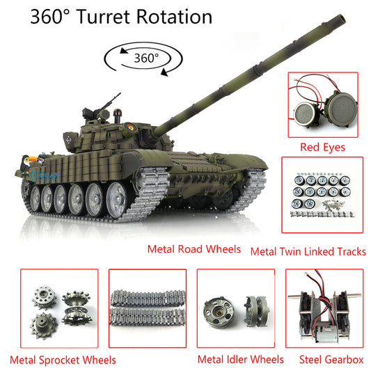 Henglong 1/16 TK7.0 Russia T72 RTR RC Tank 3939 with Red Eyes Armor 360 Degrees Turret BB IR Smoke Metal Tracks Gearbox Sprockets Idlers Road Wheels