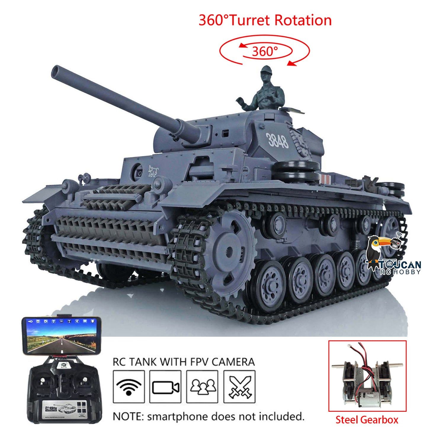 Henglong 1/16 Plastic 7.0 3848 3849 Panzer III H L RC Tank with Steel Driving Gearbox Metal Barrel