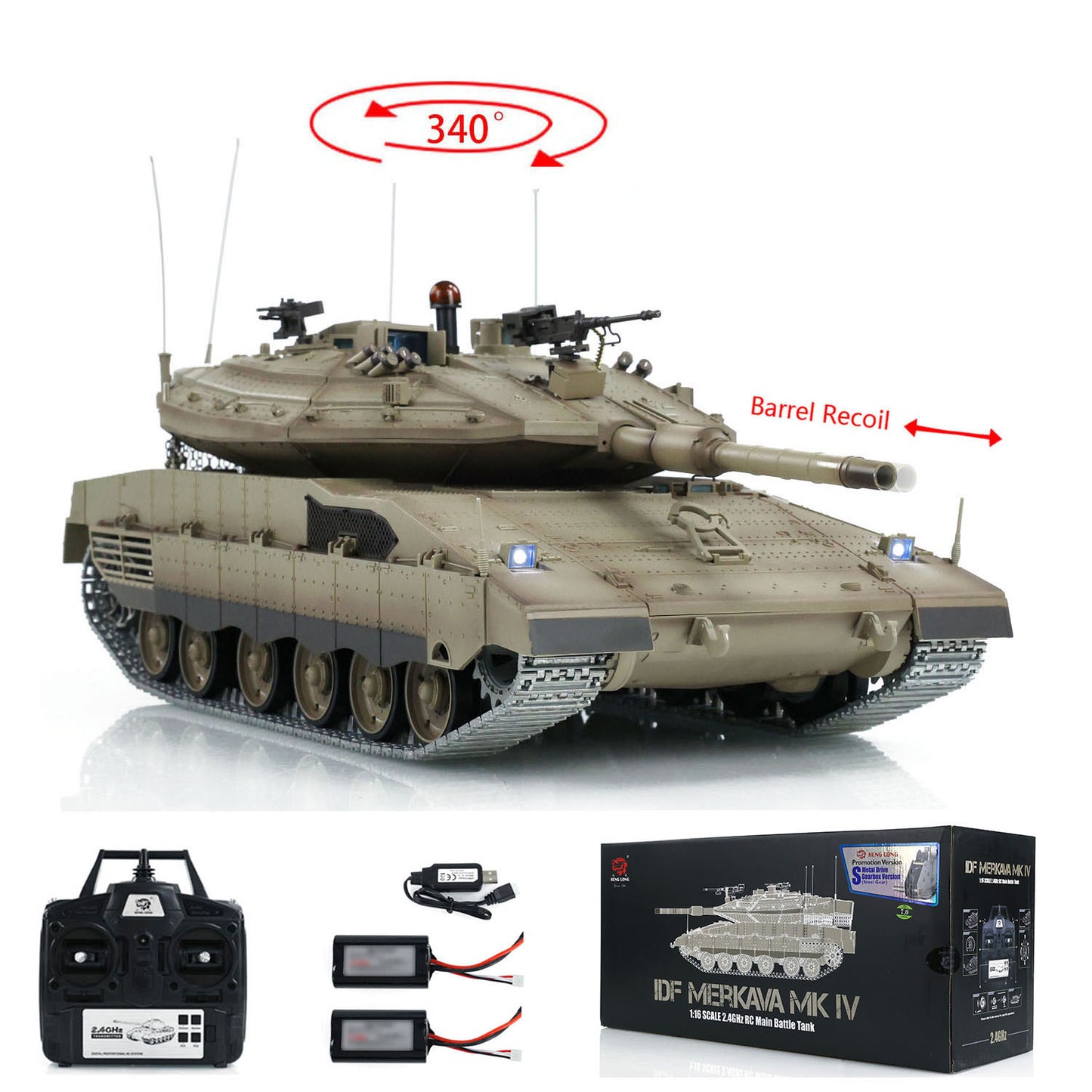 1/16 RC Tank Heng Long Merkava MK IV 3958 Remote Control Battle Tank Upgraded Metal Sprockets Smoke BB Shooting Dual Battery