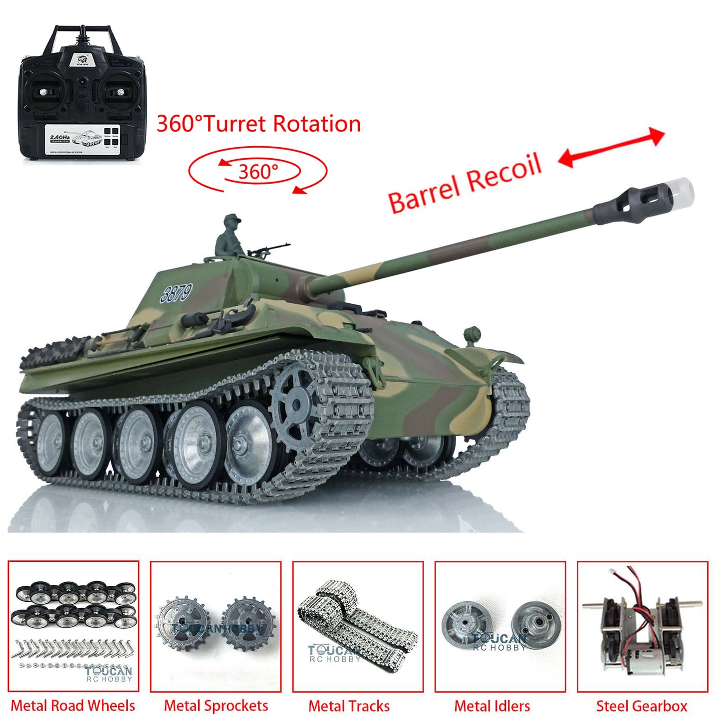 US Stock Heng Long 1/16 7.0 Customized German Panther G 3879 RTR RC Tank Barrel Recoil 360 Degree Turret Metal Tracks Drive Idler Road Wheels