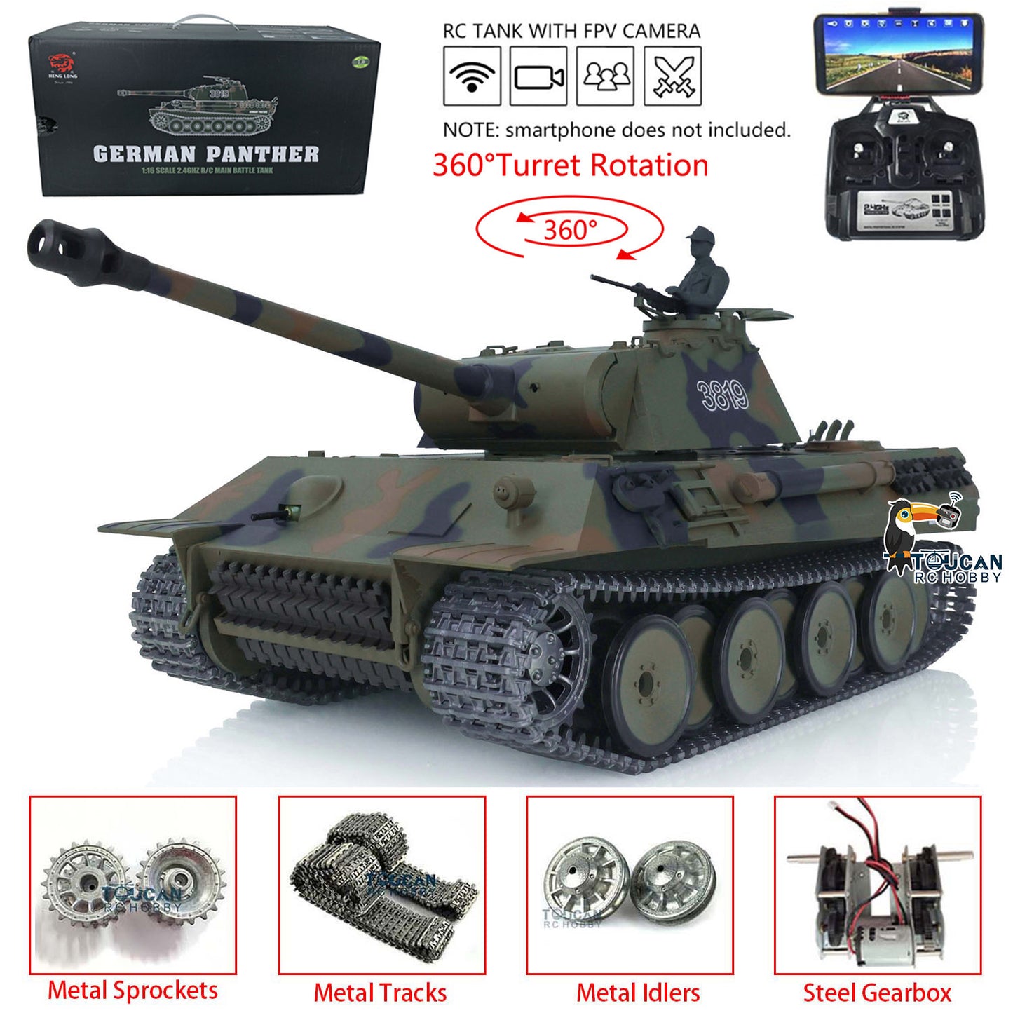 Henglong 1/16 7.0 Upgraded Metal German Panther V RC Tank 3819 360 Degree Turret Rotation Metal Tracks Sprocket Wheels Infrared Combating System