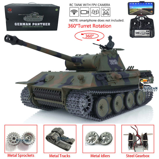 Henglong 1/16 7.0 Upgraded Metal German Panther V RC Tank 3819 360 Degree Turret Rotation Metal Tracks Sprocket Wheels Infrared Combating System
