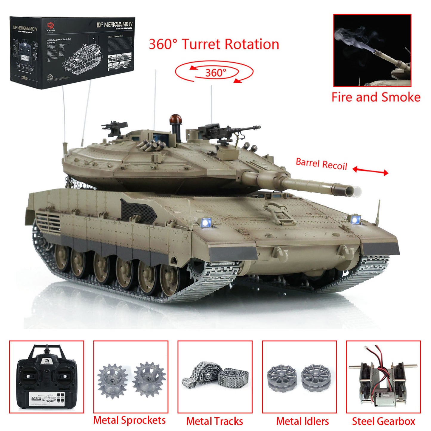 7.0 HengLong RC Tank 1/16 IDF Merkava MK IV 3958 Barrel Flash & Smoke Effect 360 Degree Turret BB IR Armored Military Vehicle Model