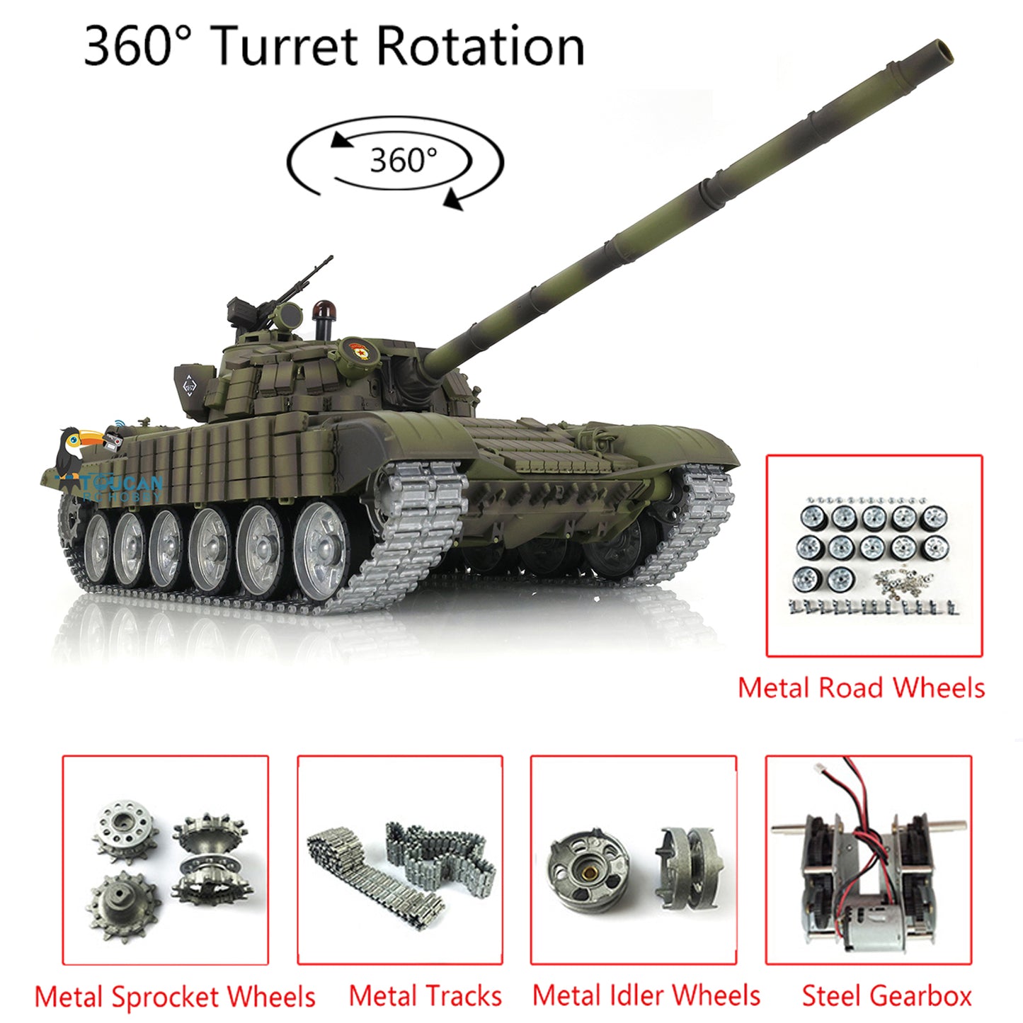 Henglong 1/16 TK7.0 Russian T72 RTR RC Tank 3939 with BB IR 360 Degrees Turret Smoke Metal Tracks Gearbox Sprockets Idlers Road Wheels