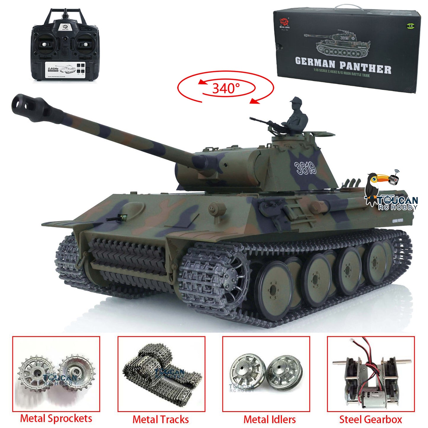 Henglong 1/16 Snow 7.0 Upgraded Metal Version German Panther V RTR RC Tank 3819 Metal Sprocket Wheels Infrared Combating System
