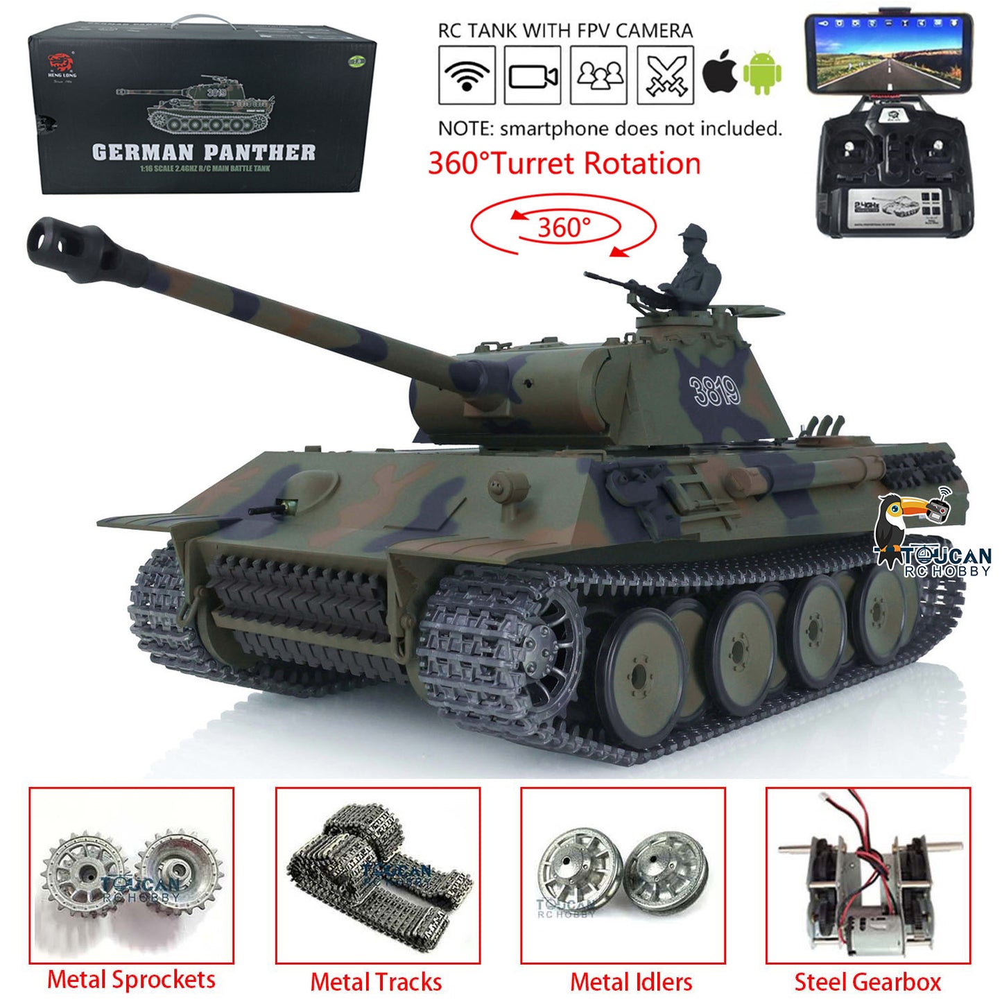 Henglong 1/16 7.0 Upgraded Metal German Panther V RC Tank 3819 360 Degree Turret Rotation Metal Tracks Sprocket Wheels Infrared Combating System