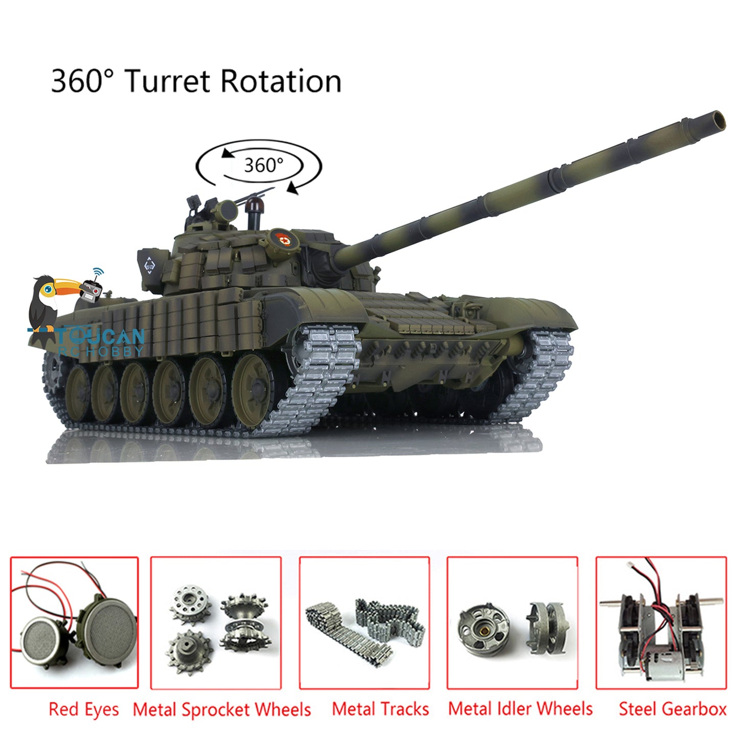 Henglong 1/16 TK7.0 Russia T72 RTR RC Tank 3939 with Red Eyes Armor 360 Degrees Turret BB IR Smoke Metal Tracks Gearbox Sprockets Idlers Wheels