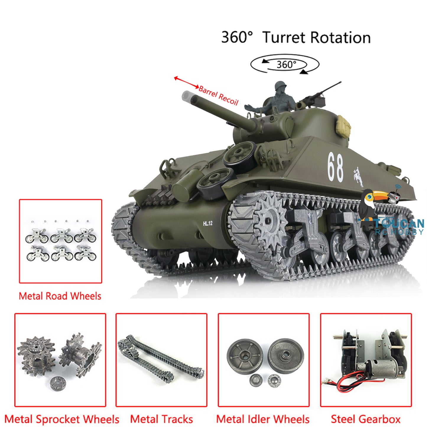 Henglong 1/16 Customized RC Tank 3898 7.0 M4A3 Sherman Metal Tracks Road Wheels Barrel Recoil 360 Degree Turret Infrared Combat Idle Smoke BB Unit