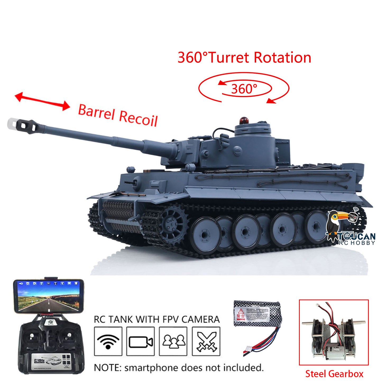 Henglong 1/16 TK7.0 Plastic German Tiger I RTR RC Tank 3818 with Steel Gearbox Metal Barrel Recoil 360 Degrees Turret BB Unit Infrared Combat