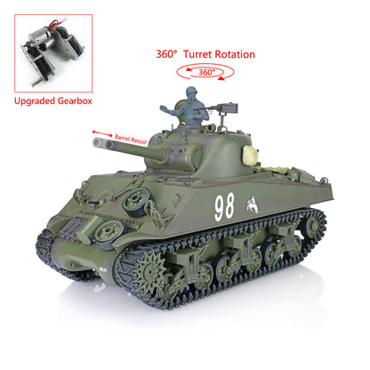 Henglong 1/16 7.0 Plastic M4A3 Sherman 3898 RTR RC Tank 360 Degree Turret BB IR Barrel Recoil Smoke Sound Metal Steel Driving Gearbox Barrel