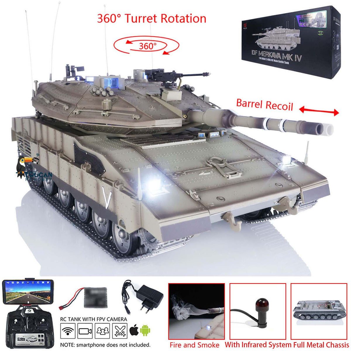 HengLong 1/16 TK7.1 IDF Merkava MK IV 3958 RTR RC Tank with Metal Chassis Steel Gearbox