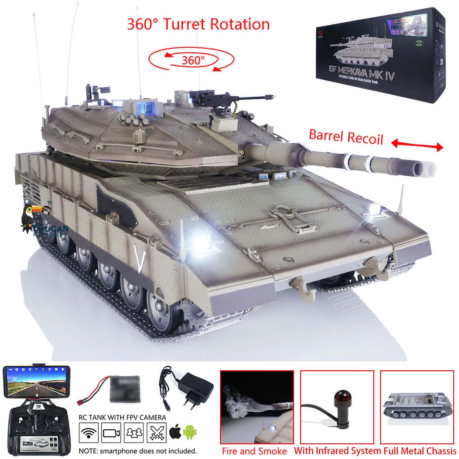 HengLong 1/16 TK7.1 IDF Merkava MK IV 3958 RTR RC Tank with Metal Chassis Steel Gearbox