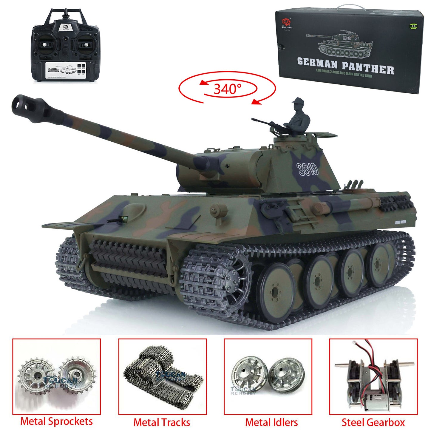 US Stock 2.4G Henglong 1/16 7.0 3819 German Panther RTR RC Tank Infrared Combat BB Smoke Model Drive Idler Wheels Tracks Gearbox