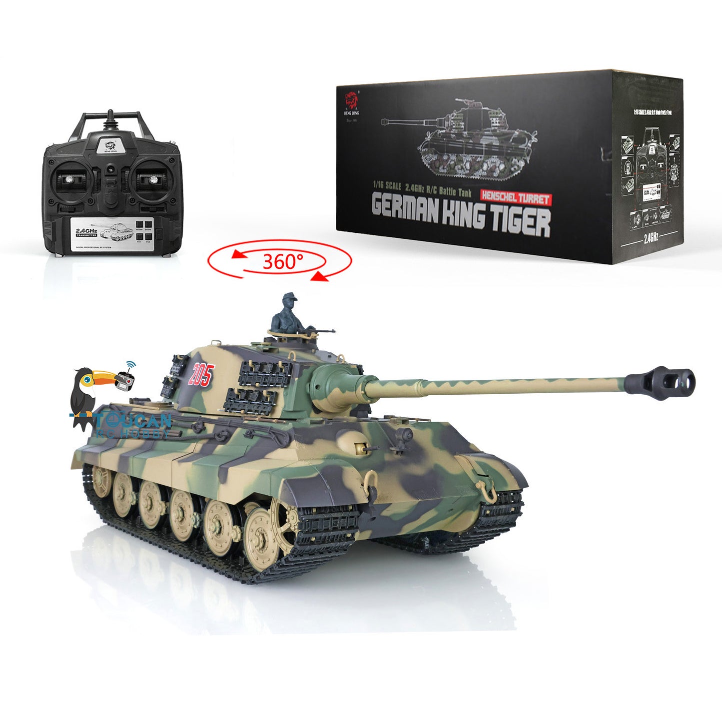 Henglong 1/16 7.0 Plastic 3888A German King Tiger RC Tank Sound Smoke 360 Degree Turret BB Infrared Combating System Option Barrel Recoil