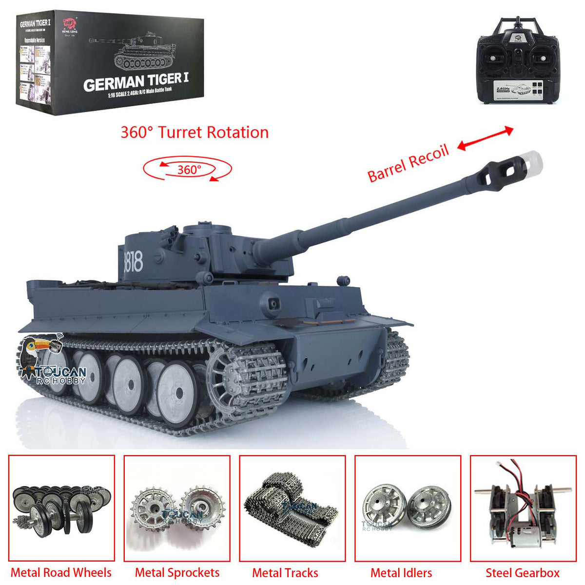 Henglong 1/16 TK7.0 German Tiger I RTR RC Tank 3818 with Barrel Recoil 360 Degrees Turret BB IR Smoke