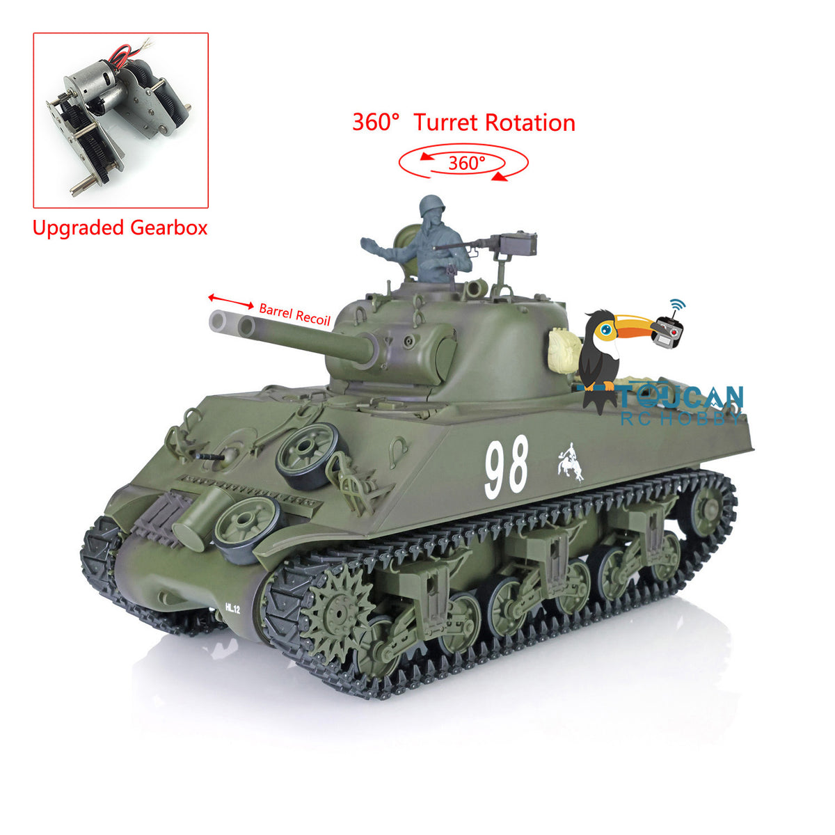 Henglong 1/16 TK7.0 Plastic USA M4A3 Sherman 3898 RTR RC Tank 360 Degrees Turret BB IR Barrel Recoil Smoke Metal Barrel Steel Gearbox