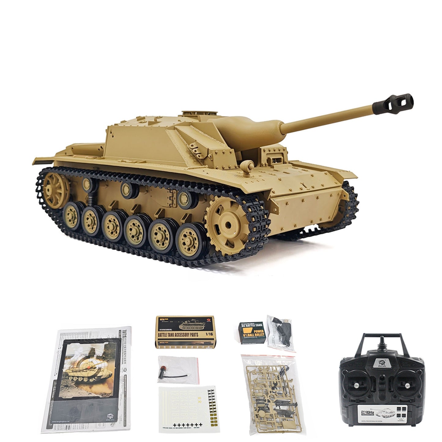 2.4G Henglong 1/16 7.0 Plastic German Stug III RTR RC Tank Model 3868 BB IR Steel Gearbox 1800MAH Battery Radio Sound Lights
